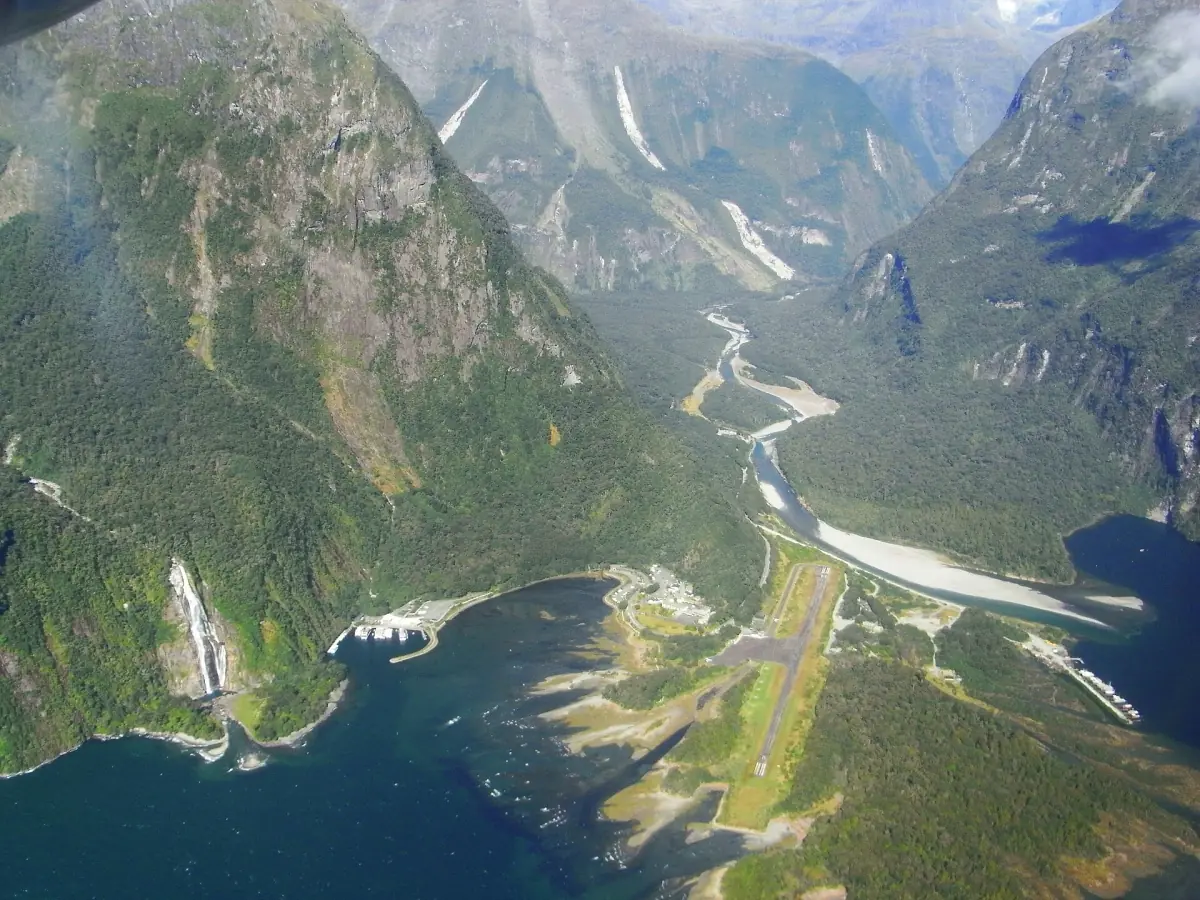 Milford Sound and its airstrip from a plane