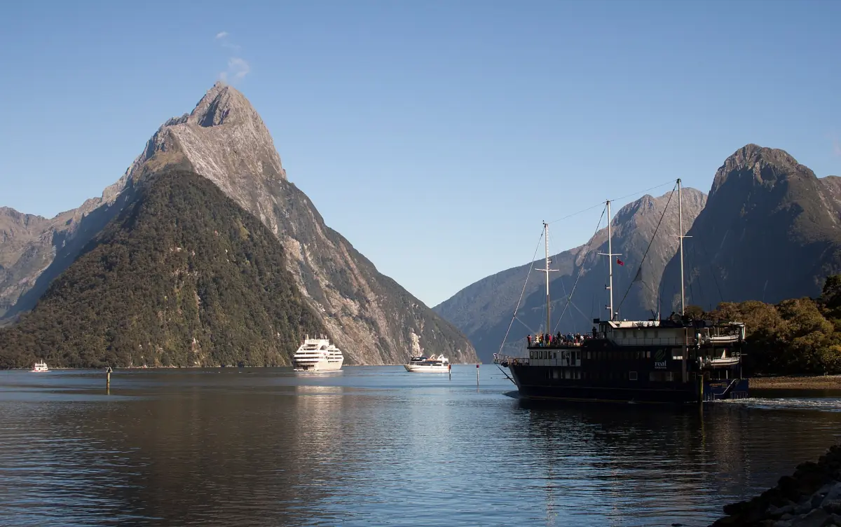 Cruise boats below Mitre Peak in Milford Sound