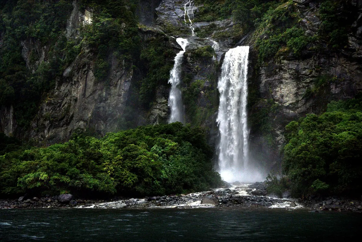 A waterfall after rain in Milford Sound